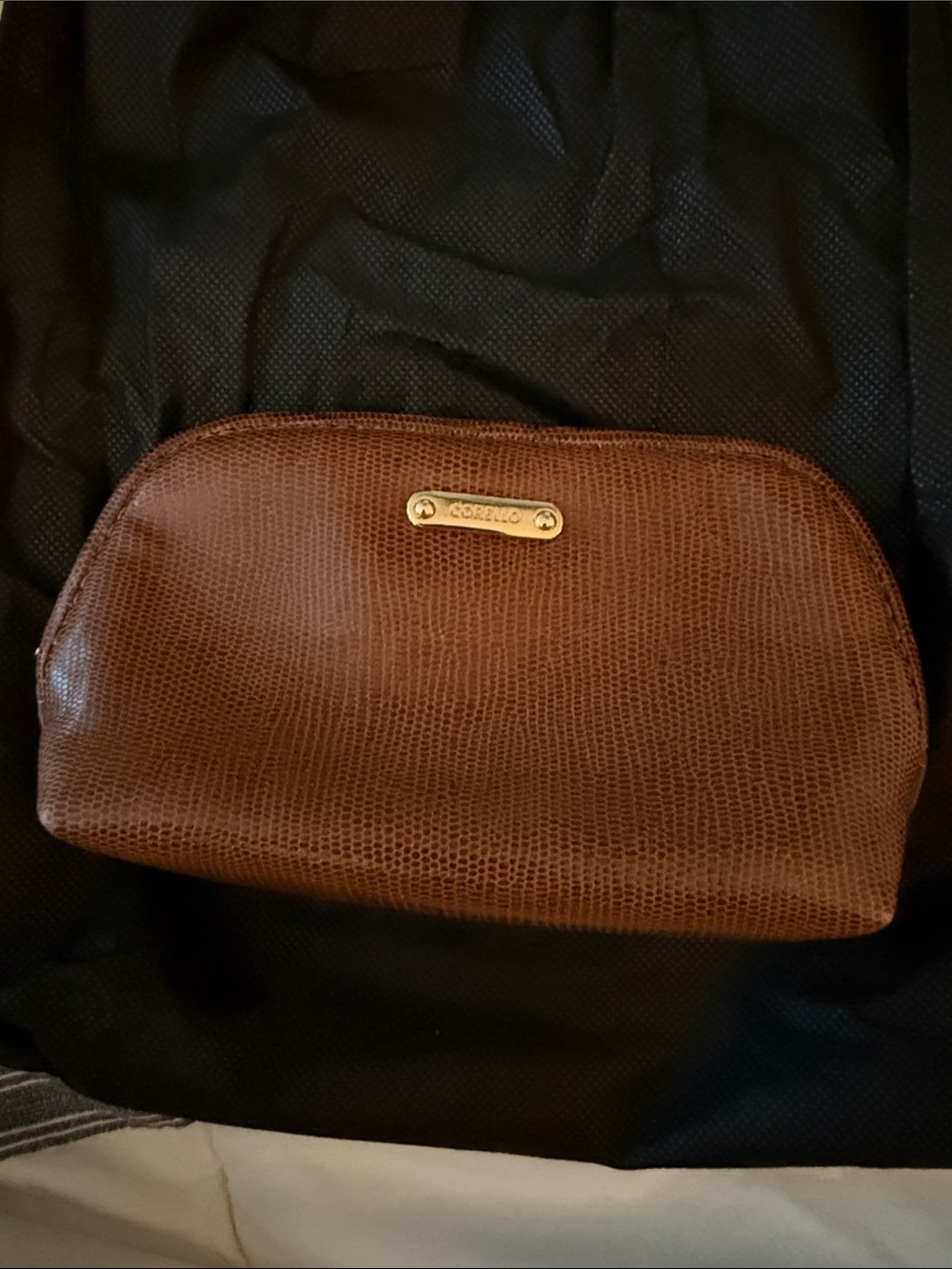 Brown Textured Leather Cosmetic Pouch